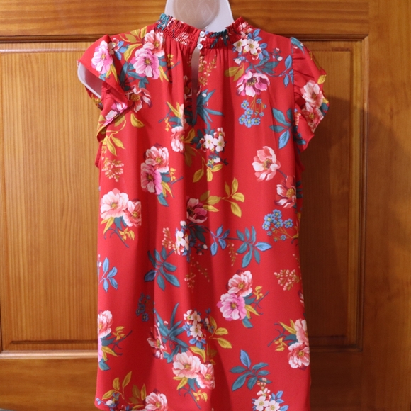 LOFT Red Floral Ruffled Sleeve Blouse Smocked Mock Neck Medium - Picture 7 of 16